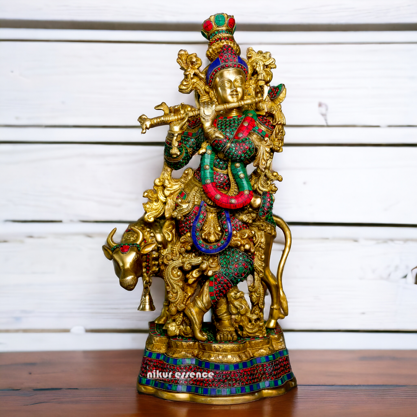 Brass Krishna With Cow Stone work idol - 26 Inch