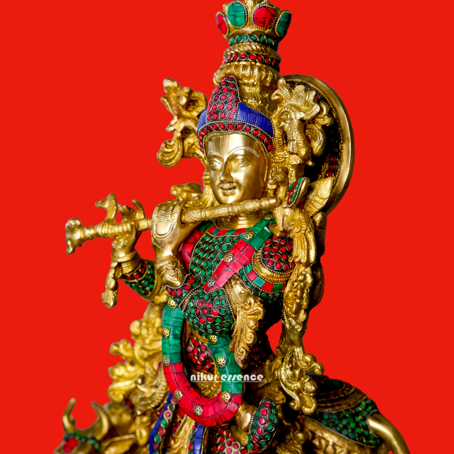 Brass Krishna With Cow Stone work idol - 26 Inch