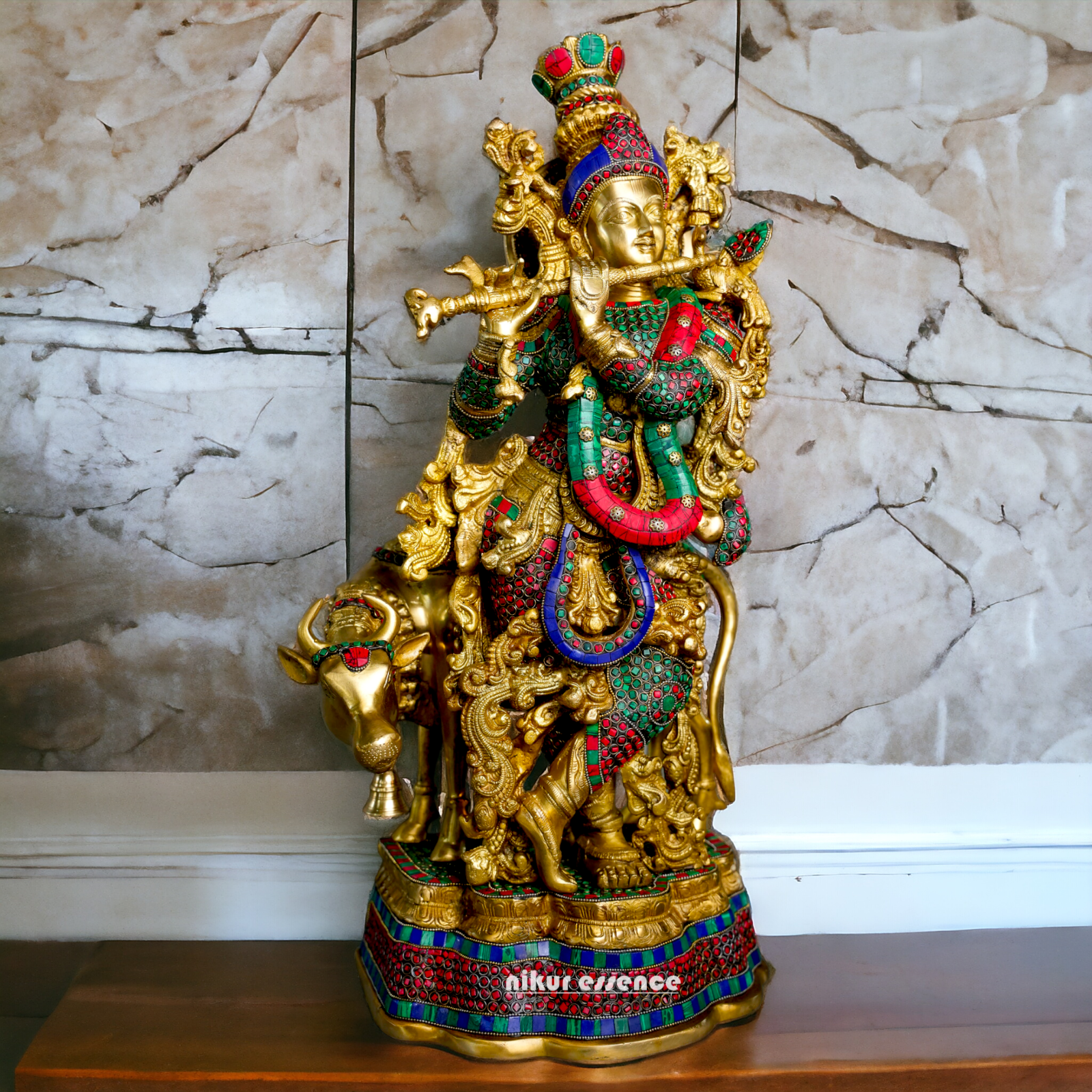 Brass Krishna With Cow Stone work idol - 26 Inch