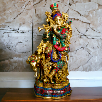 Brass Krishna With Cow Stone work idol - 26 Inch