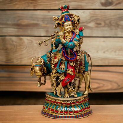 Lord Brass Krishna with cow Stone work idol - 28 Inch