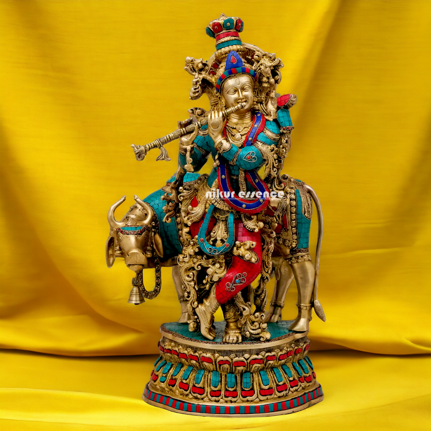 Lord Brass Krishna with cow Stone work idol - 28 Inch