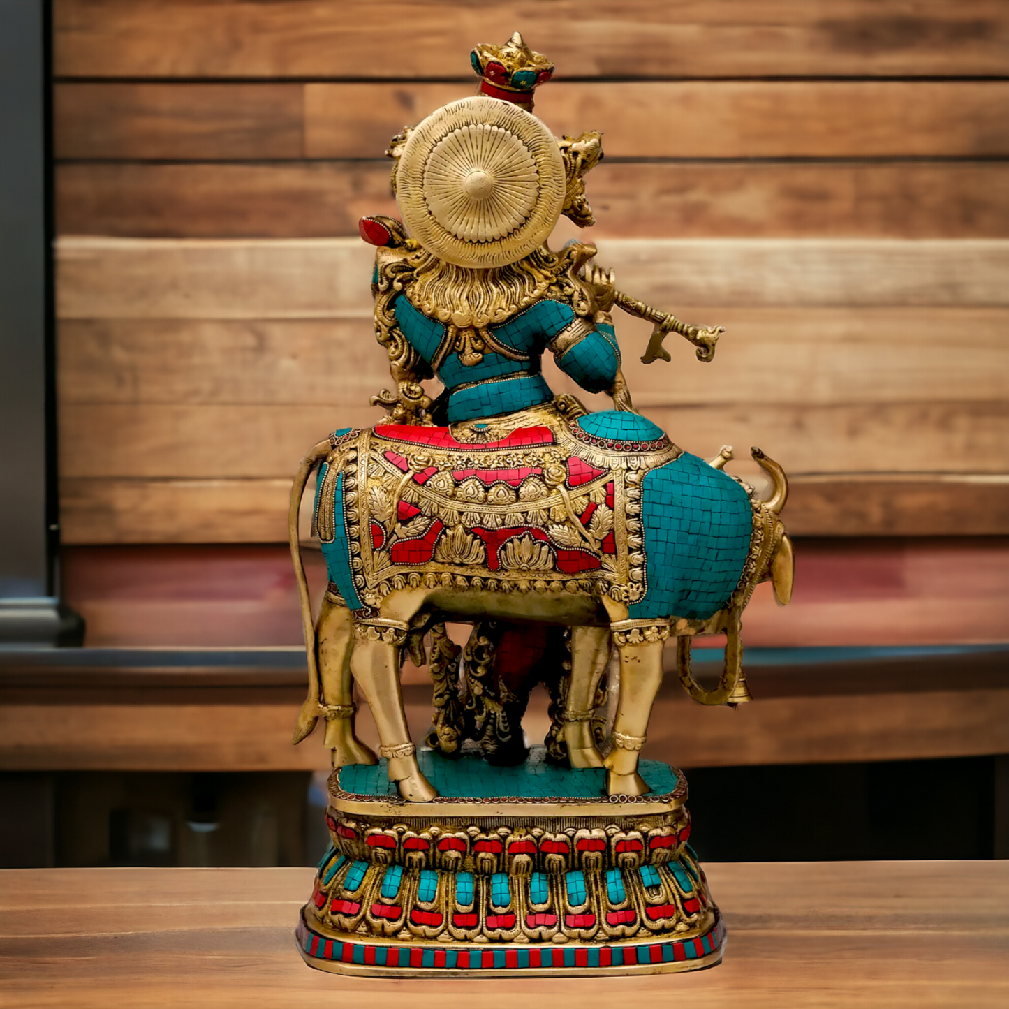 Lord Brass Krishna with cow Stone work idol - 28 Inch