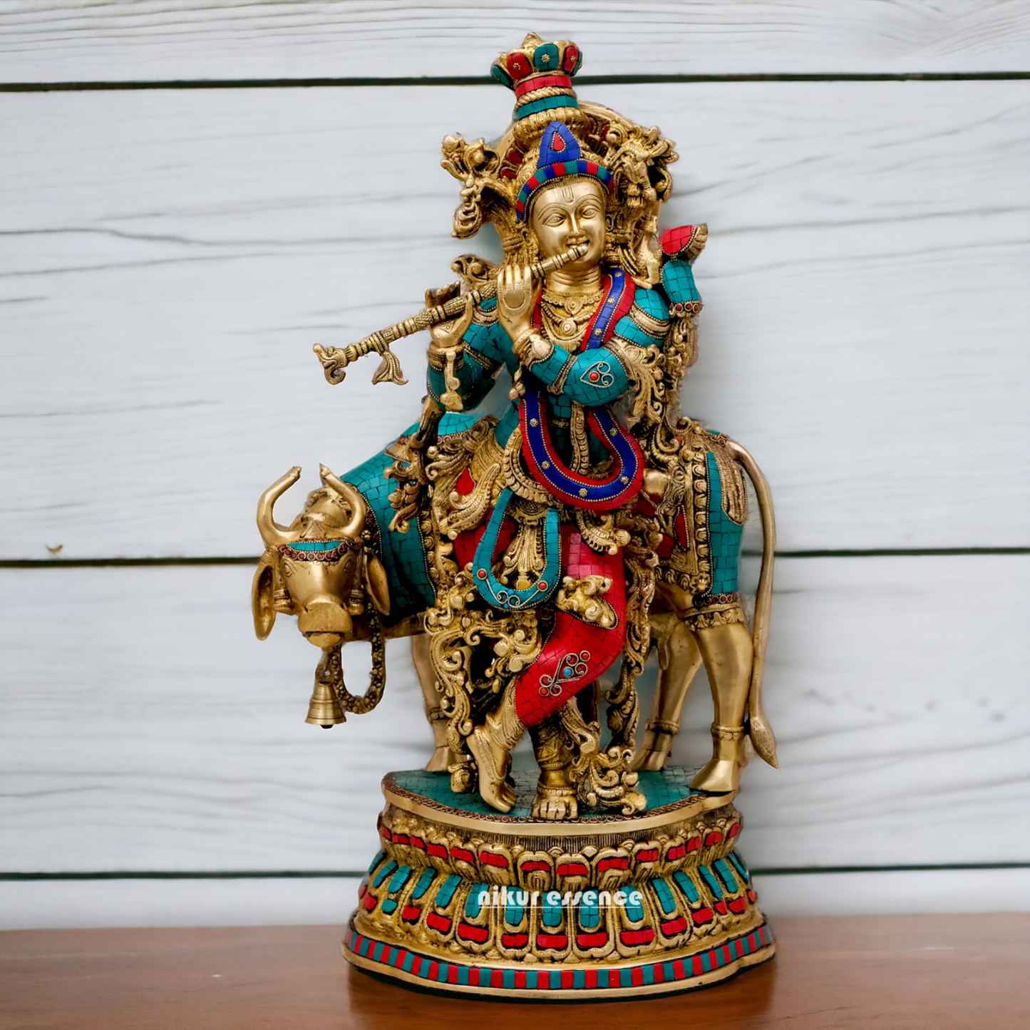 Lord Brass Krishna with cow Stone work idol - 28 Inch