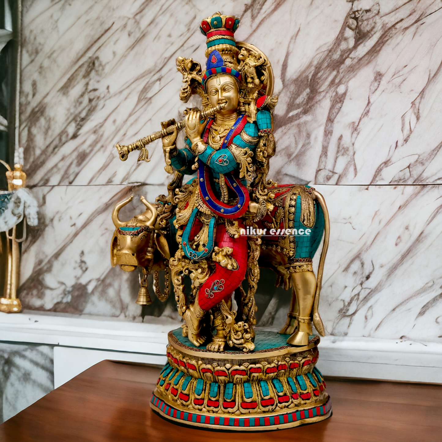 Lord Brass Krishna with cow Stone work idol - 28 Inch