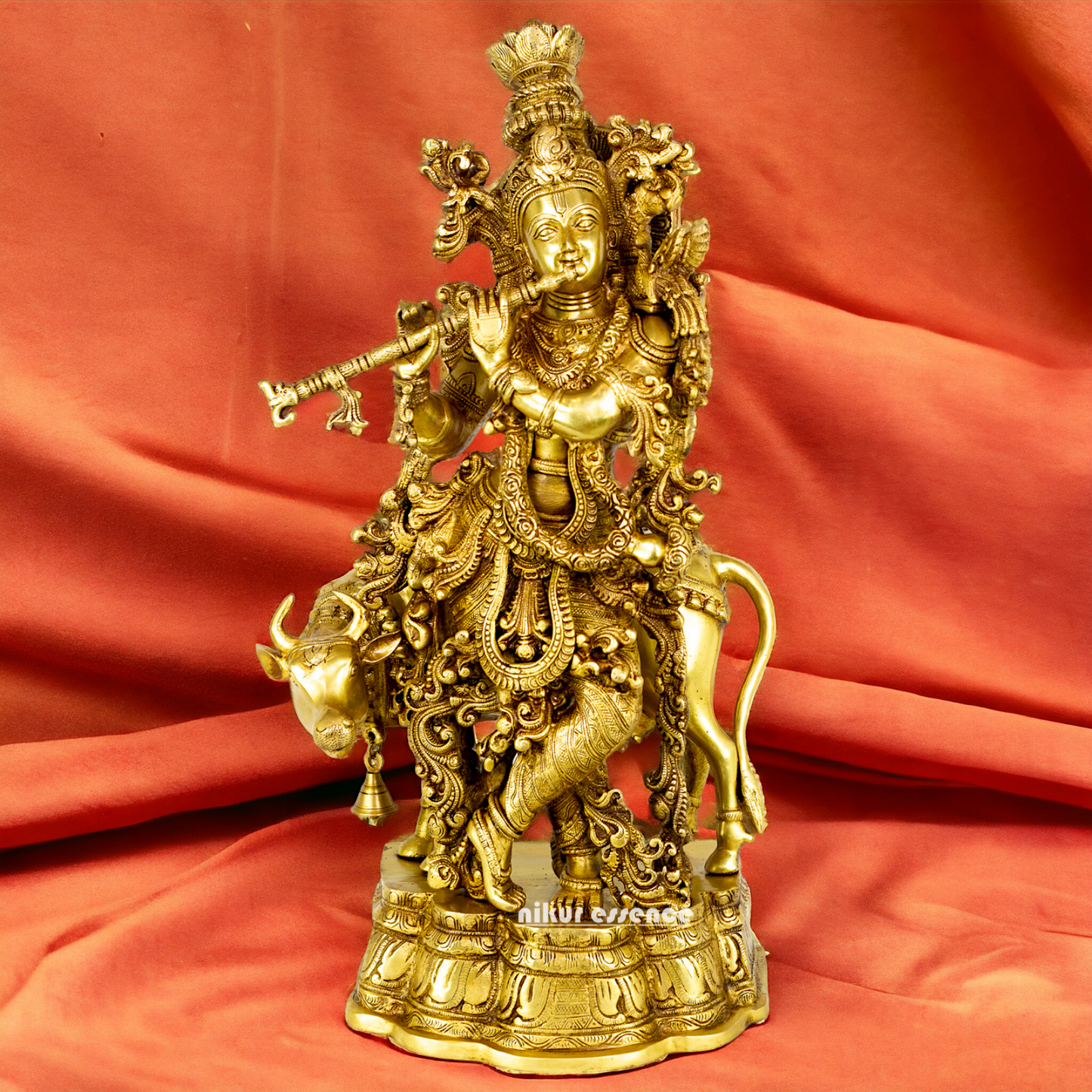 Large Krishna murli with cow Brass idol - 28 Inch