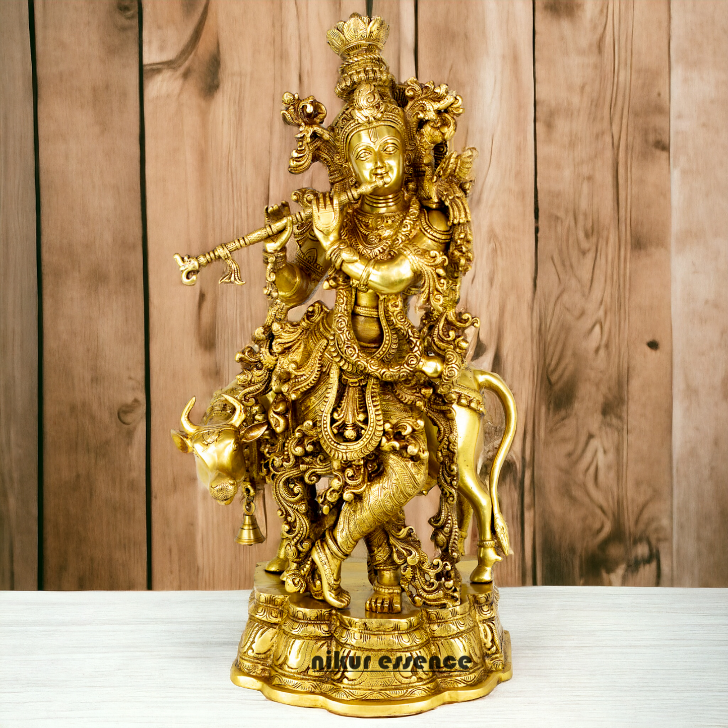 Large Krishna murli with cow Brass idol - 28 Inch