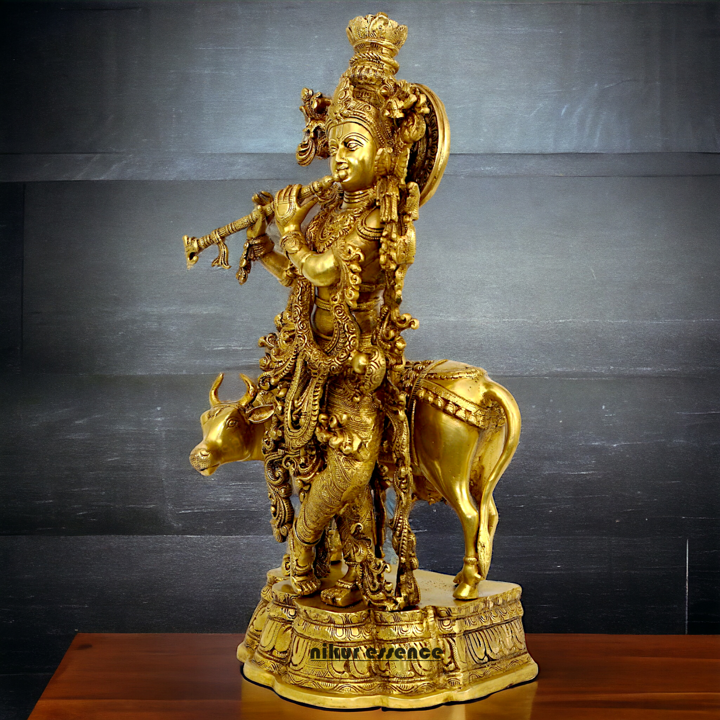 Large Krishna murli with cow Brass idol - 28 Inch