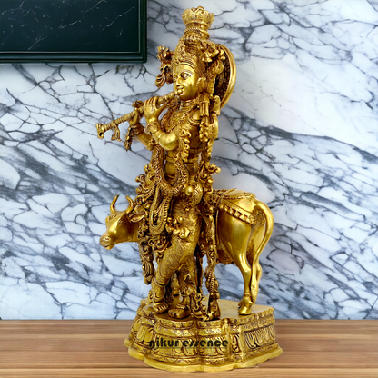 Large Krishna murli with cow Brass idol - 28 Inch