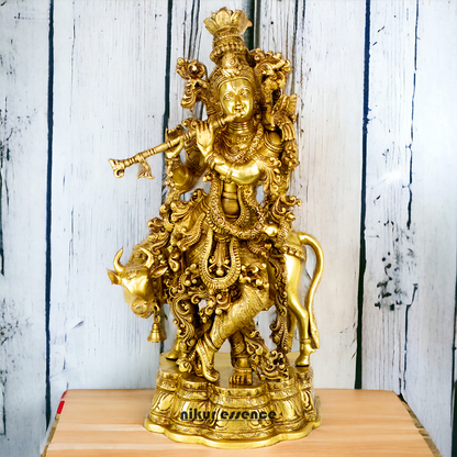 Large Krishna murli with cow Brass idol - 28 Inch