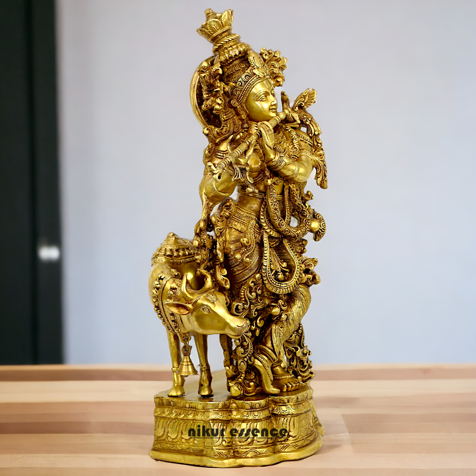 Large Krishna murli with cow Brass idol - 28 Inch