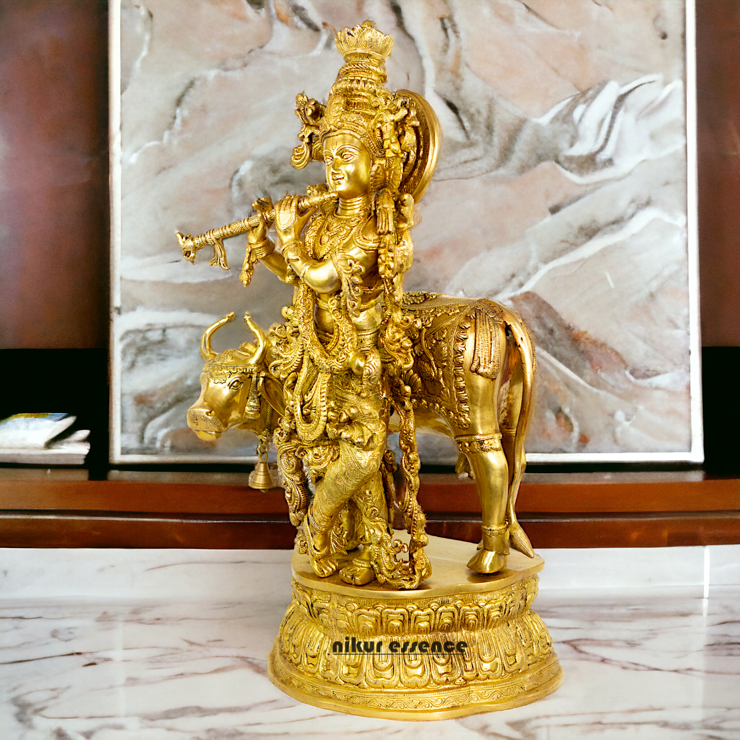 Big Krishna with cow solid Brass idol - 28 Inch