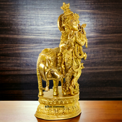 Big Krishna with cow solid Brass idol - 28 Inch