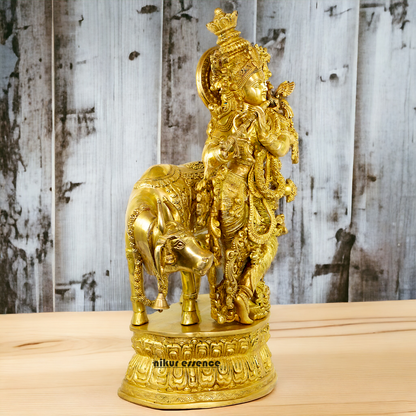 Big Krishna with cow solid Brass idol - 28 Inch