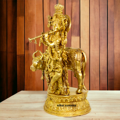 Big Krishna with cow solid Brass idol - 28 Inch