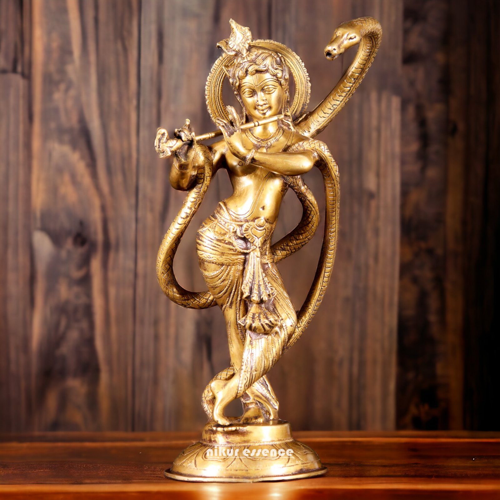 Lord Krishna God with Kaliya Naag Solid Brass idol - 15 inches