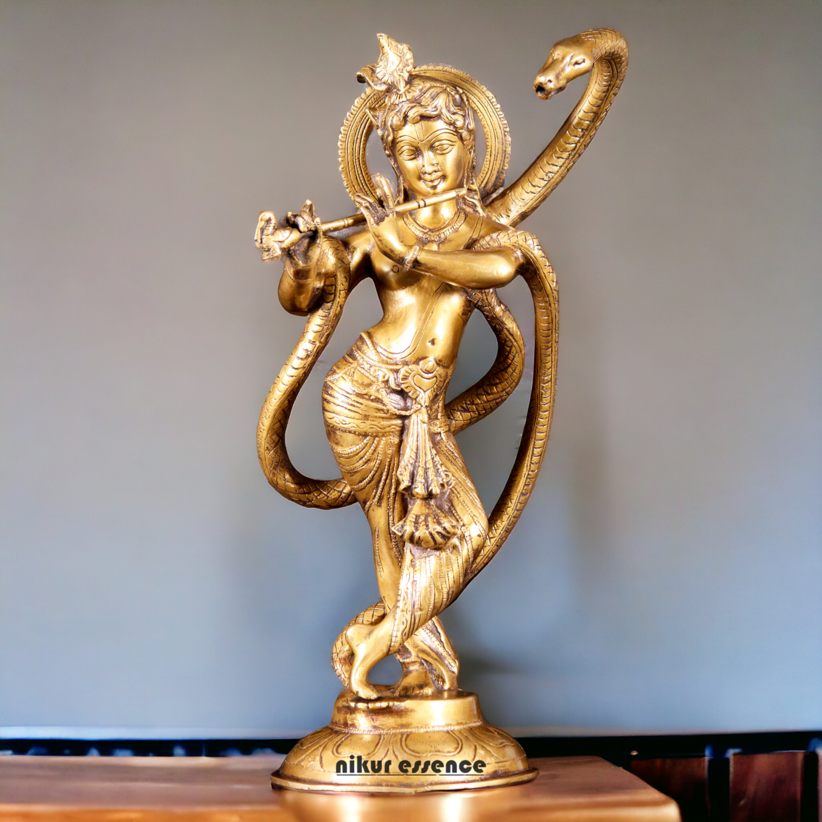 Lord Krishna God with Kaliya Naag Solid Brass idol - 15 inches