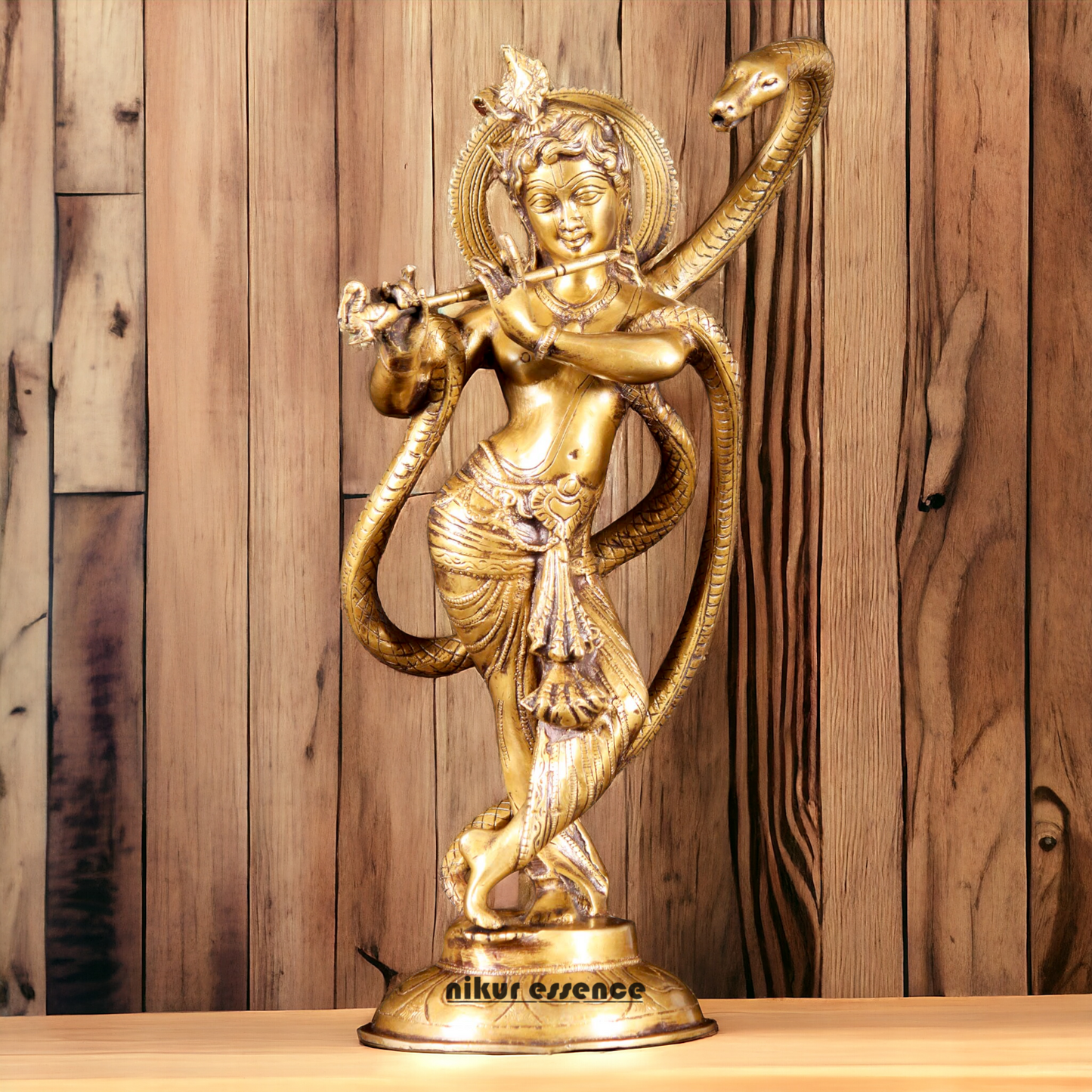 Lord Krishna God with Kaliya Naag Solid Brass idol - 15 inches