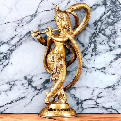 Lord Krishna God with Kaliya Naag Solid Brass idol - 15 inches