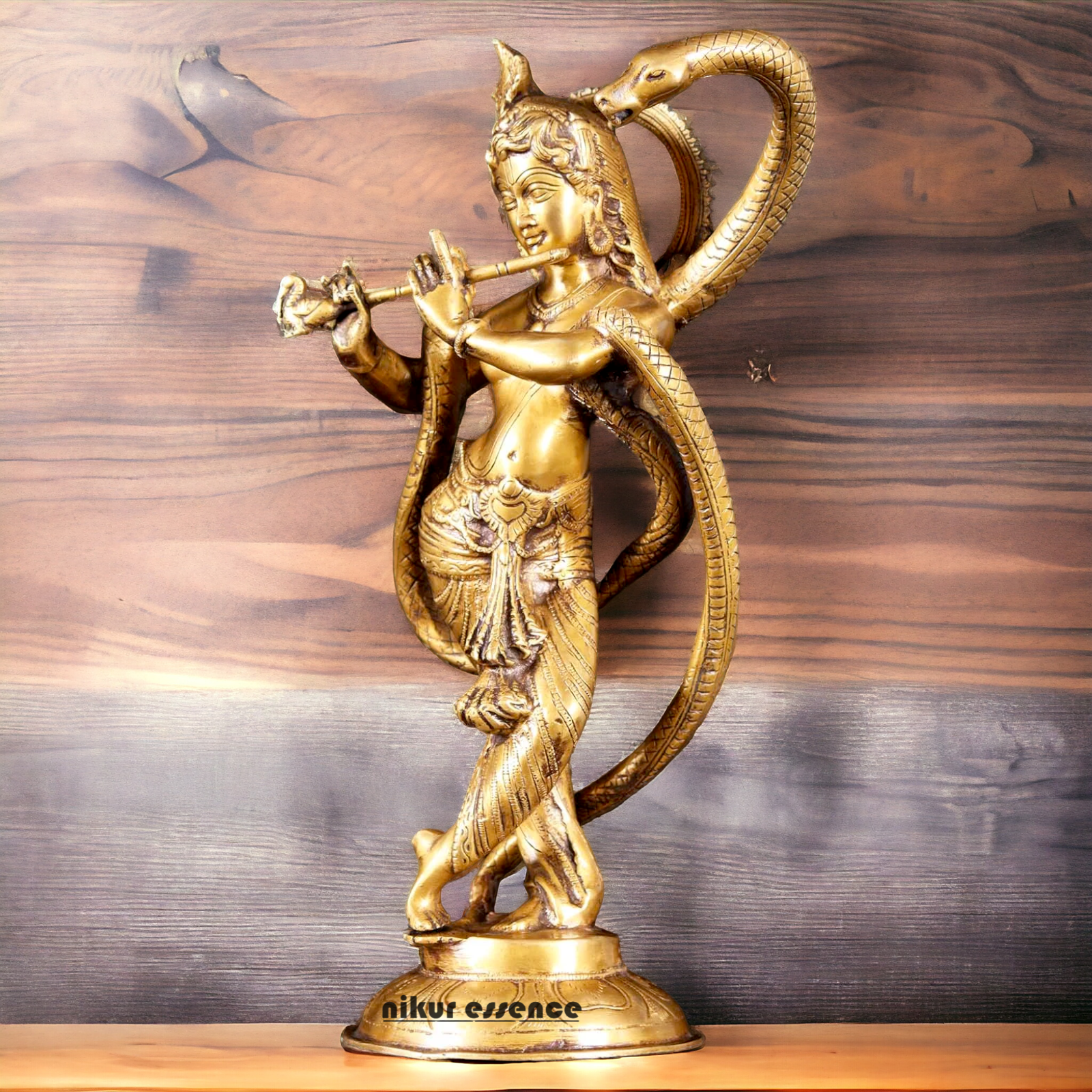 Lord Krishna God with Kaliya Naag Solid Brass idol - 15 inches