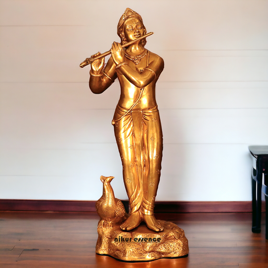 Brass Krishna Murli Playing Flute with peacock statue - 29 inches