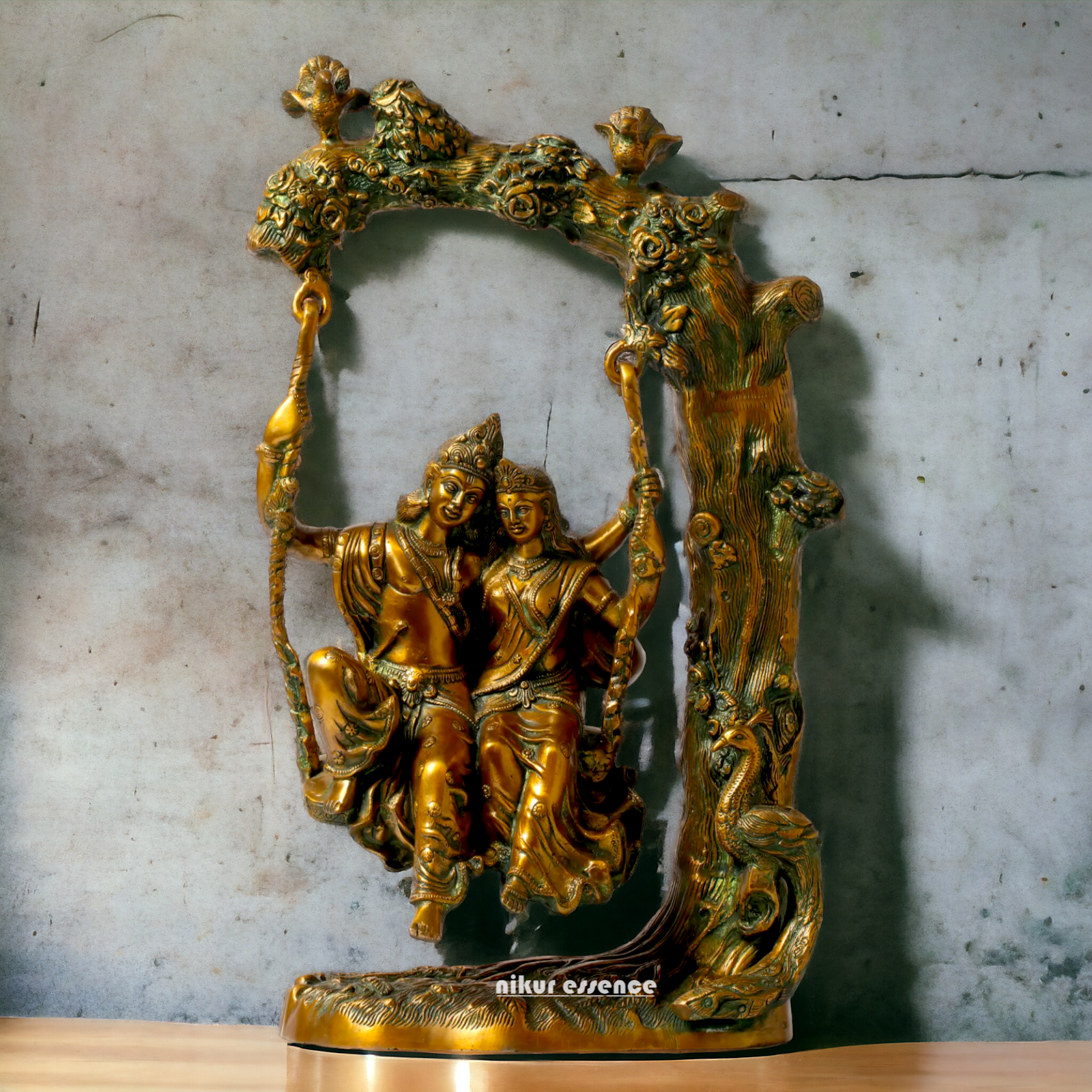 Brass Radha Krishna Sitting on Jhula Swinging Idol - 22.7 inches