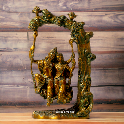 Brass Radha Krishna Sitting on Jhula Swinging Idol - 22.7 inches