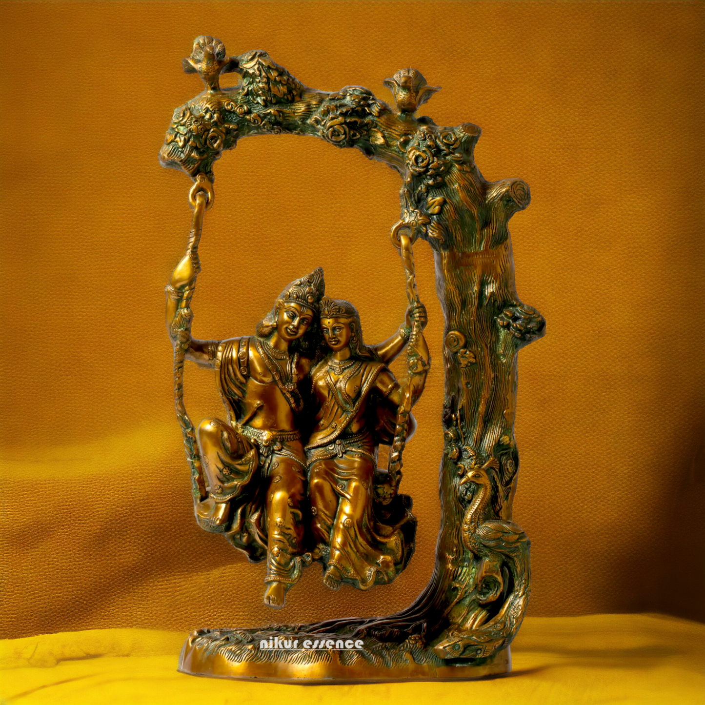 Brass Radha Krishna Sitting on Jhula Swinging Idol - 22.7 inches