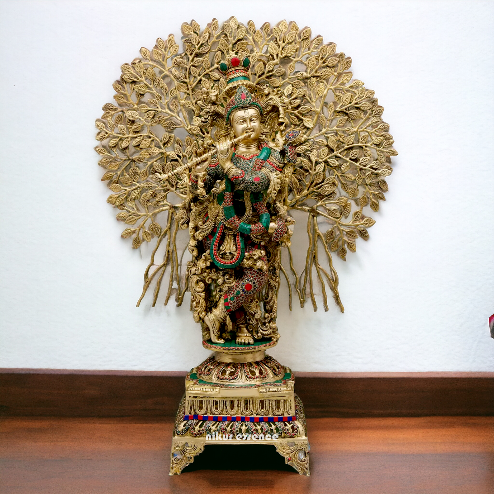 Big Krishna With Tree Brass with Stone Work Beauty idol - 35 inches