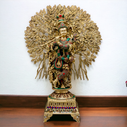 Big Krishna With Tree Brass with Stone Work Beauty idol - 35 inches