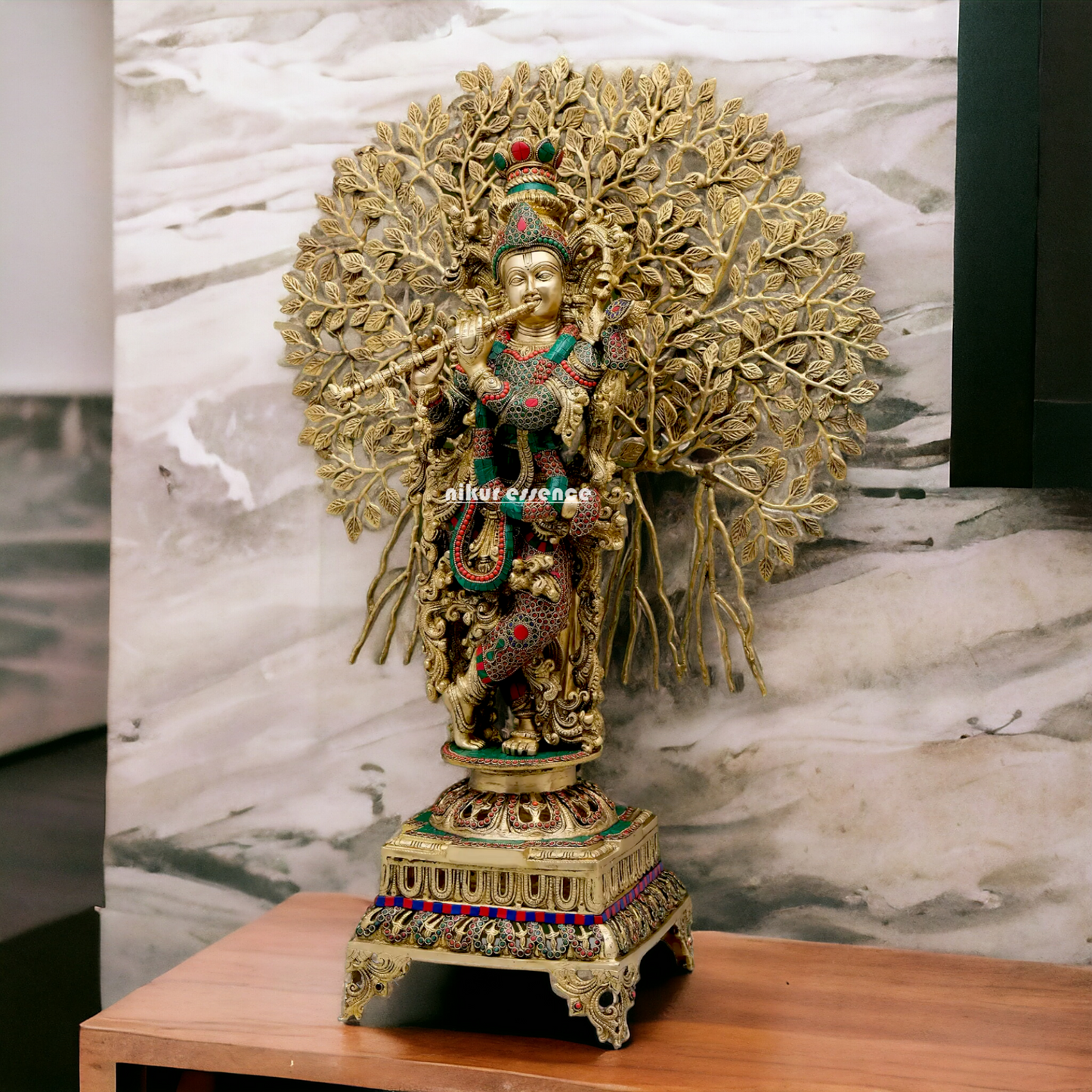 Big Krishna With Tree Brass with Stone Work Beauty idol - 35 inches