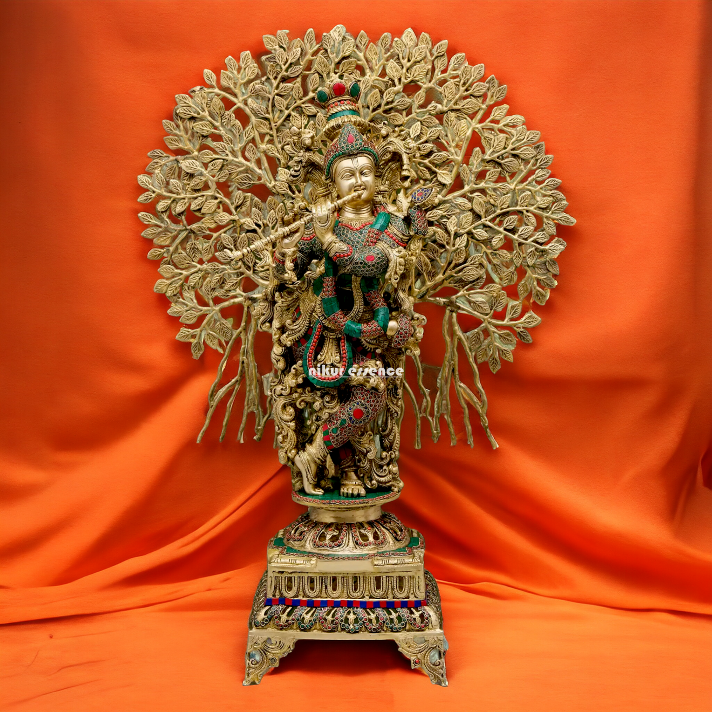 Big Krishna With Tree Brass with Stone Work Beauty idol - 35 inches