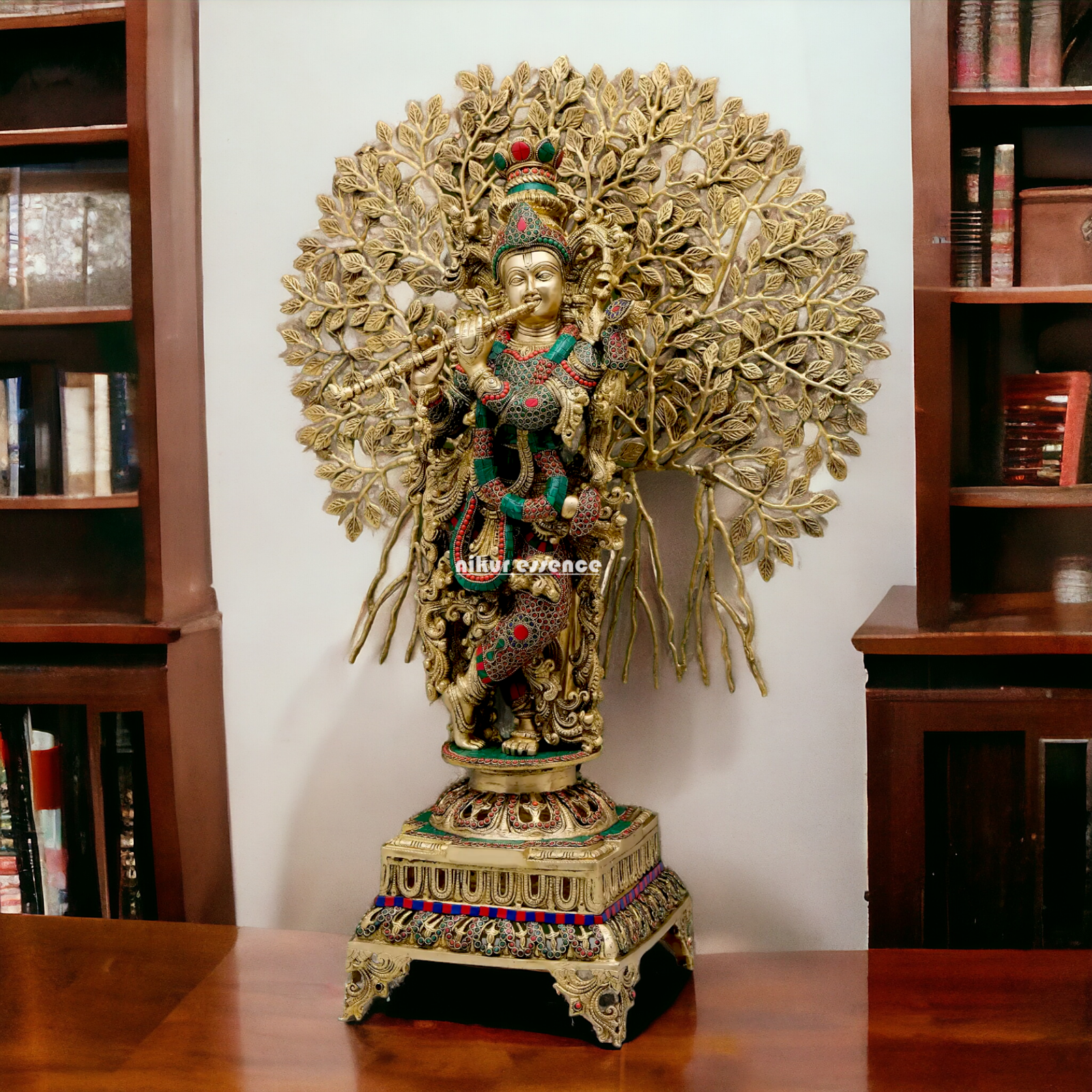 Big Krishna With Tree Brass with Stone Work Beauty idol - 35 inches