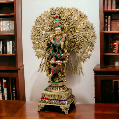 Big Krishna With Tree Brass with Stone Work Beauty idol - 35 inches