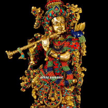 Large Radha Krishna Standing Beauty Brass Figurine with Stone Work - 29 inches