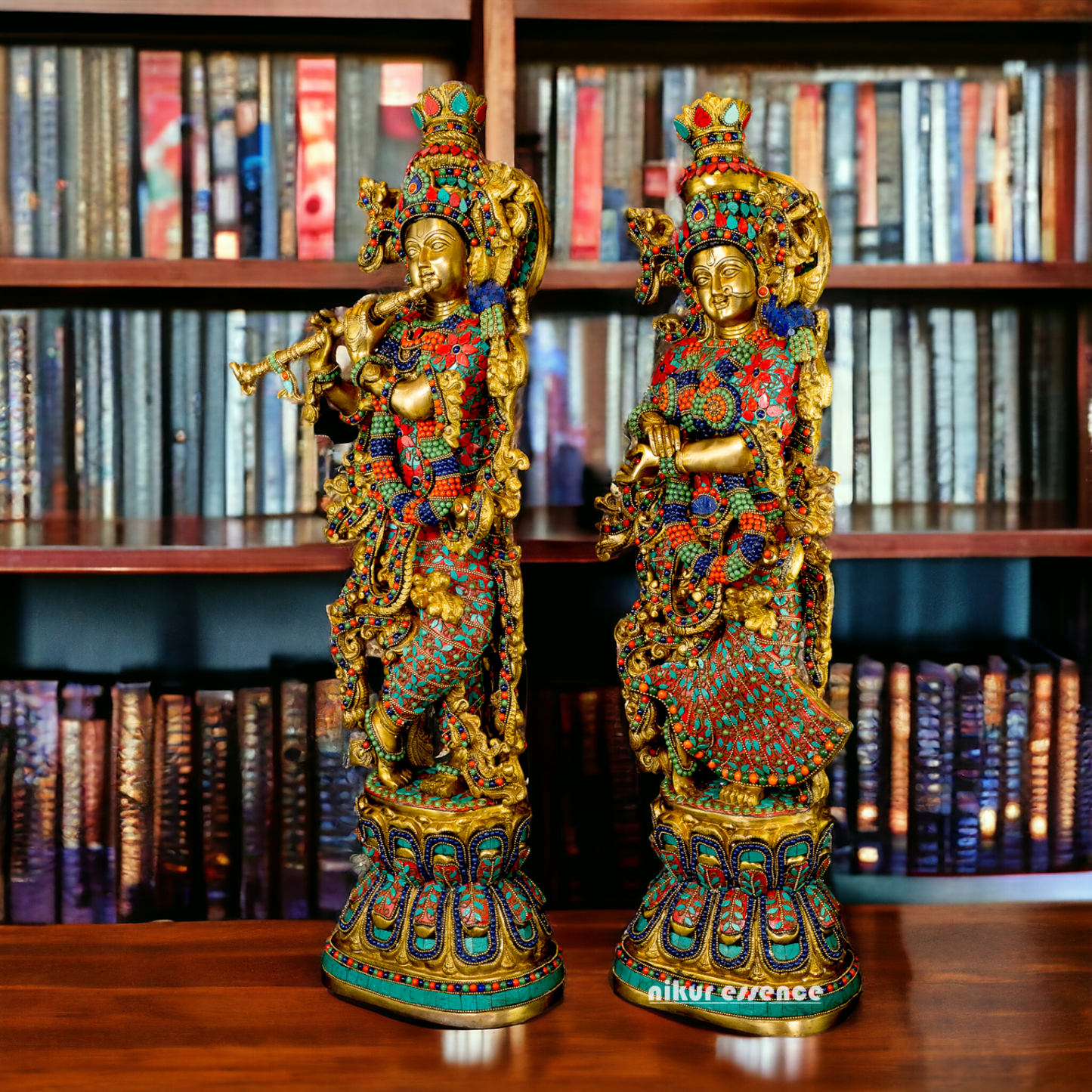 Large Radha Krishna Standing Beauty Brass Figurine with Stone Work - 29 inches