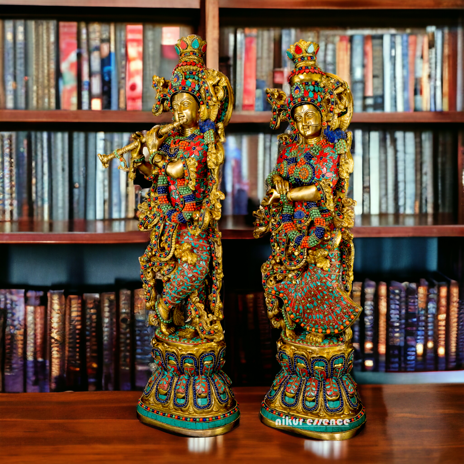 Large Radha Krishna Standing Beauty Brass Figurine with Stone Work - 29 inches