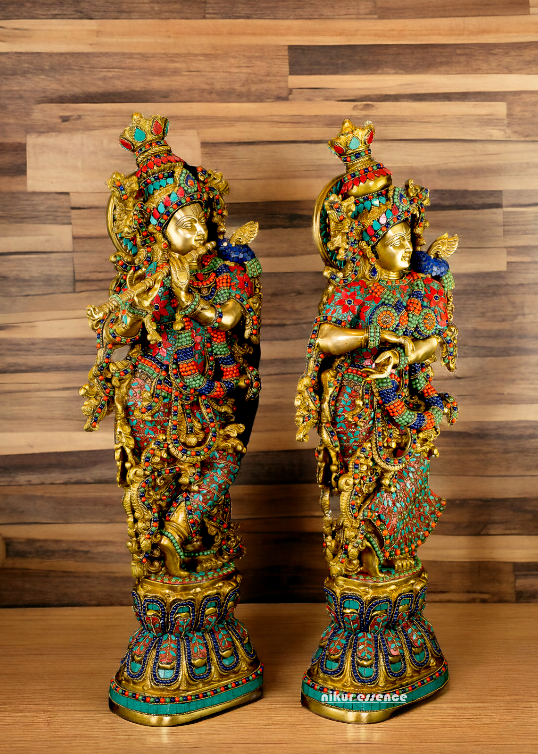 Large Radha Krishna Standing Beauty Brass Figurine with Stone Work - 29 inches