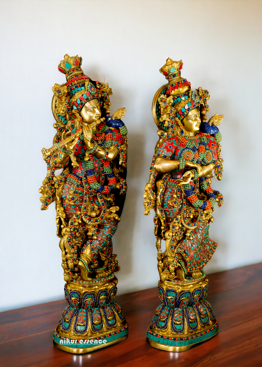 Large Radha Krishna Standing Beauty Brass Figurine with Stone Work - 29 inches