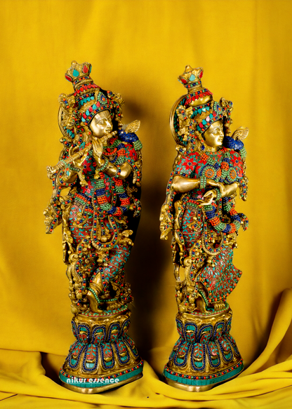 Large Radha Krishna Standing Beauty Brass Figurine with Stone Work - 29 inches