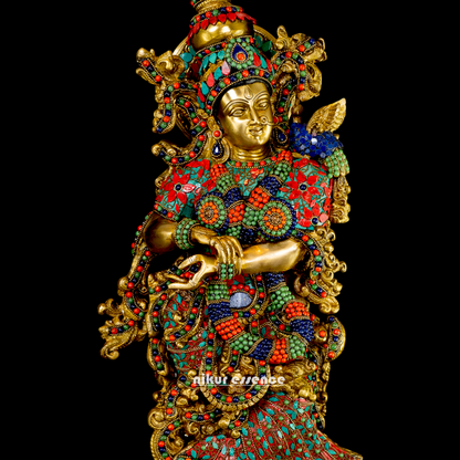 Large Radha Krishna Standing Beauty Brass Figurine with Stone Work - 29 inches