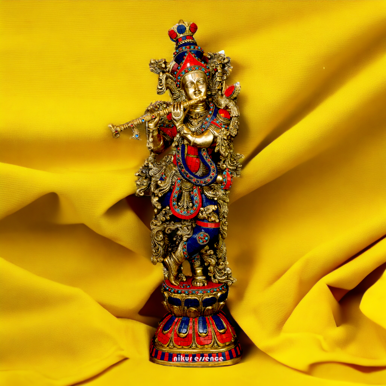 Lord Radha Krishna Govind Standing Brass Idol with Stone Work - 24 inches