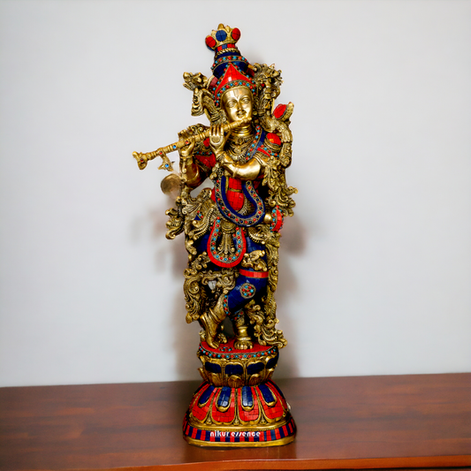 Lord Radha Krishna Govind Standing Brass Idol with Stone Work - 24 inches