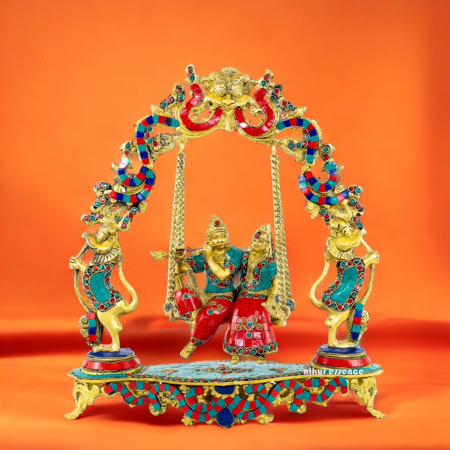 Brass Radha Krishna Swinging Jhula with Stone Work idol - 18 inches