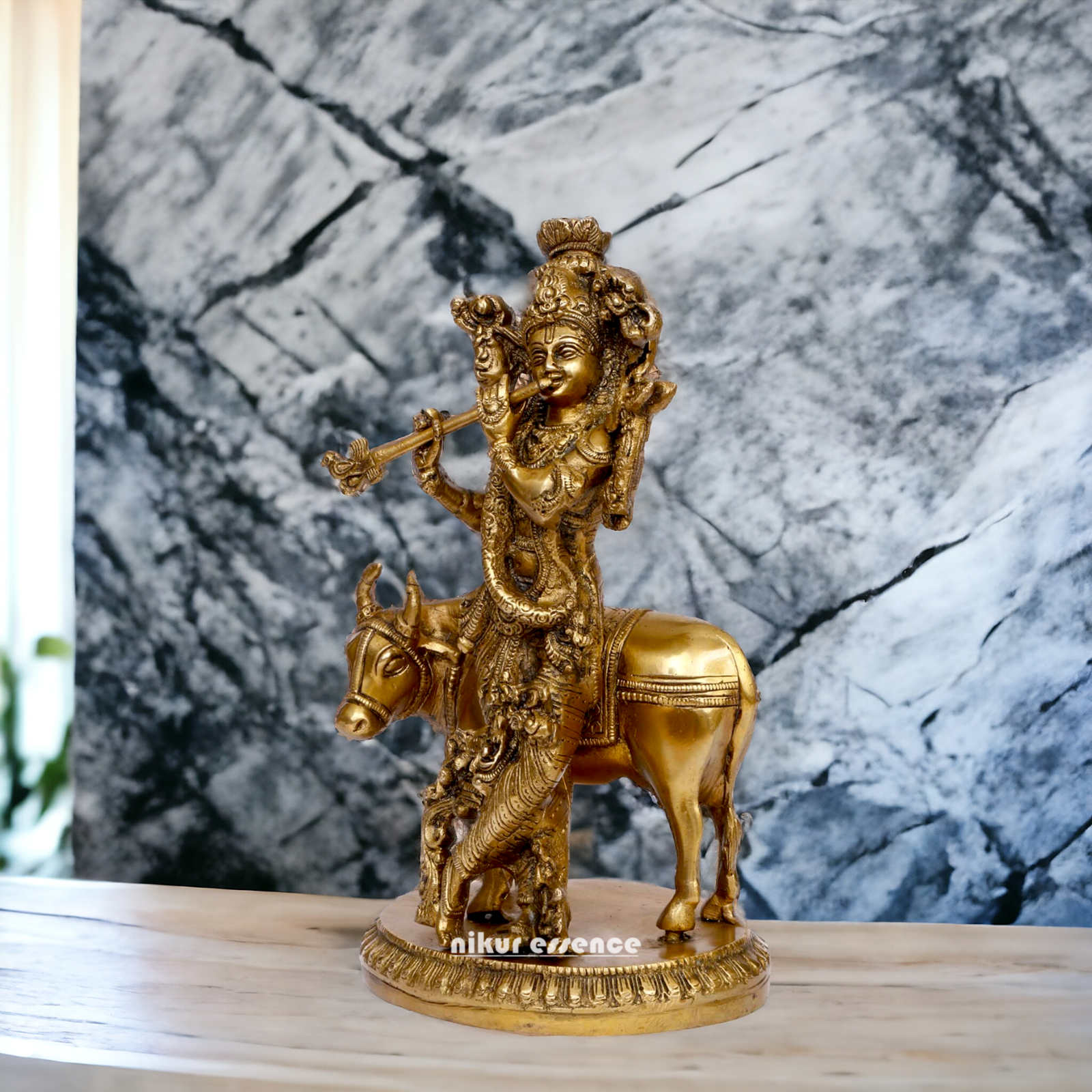 Pure Brass Krishna with cow statue - 10 inches