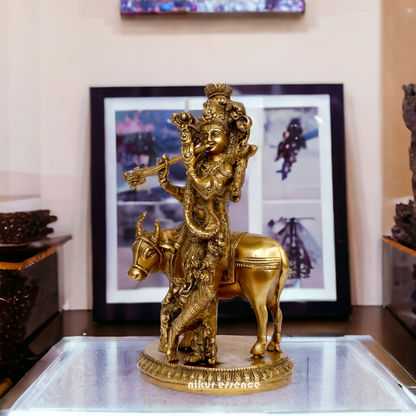 Pure Brass Krishna with cow statue - 10 inches