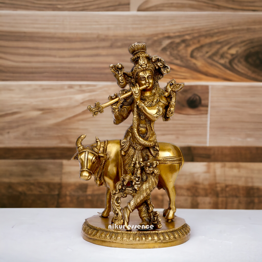 Pure Brass Krishna with cow statue - 10 inches