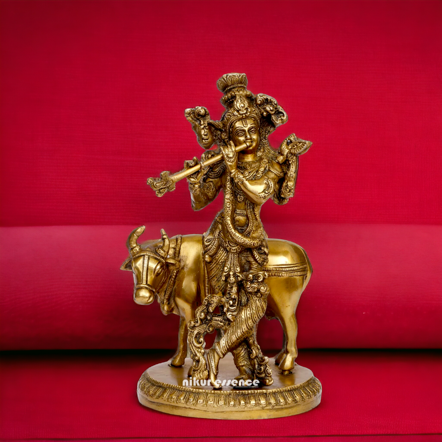 Pure Brass Krishna with cow statue - 10 inches