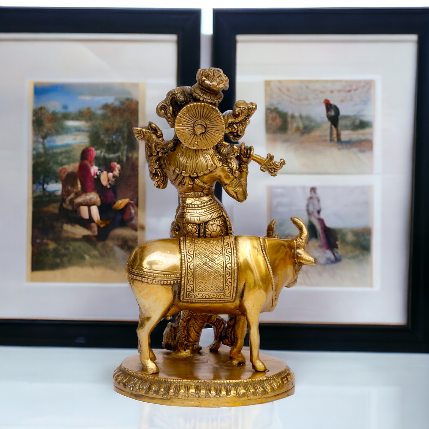 Pure Brass Krishna with cow statue - 10 inches