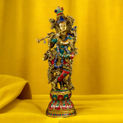 Lord Krishna Govind Brass with stone work idol - 30 inches